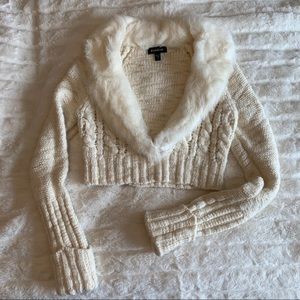 Bebe Cream Cropped Sweater with fur trimmed collar